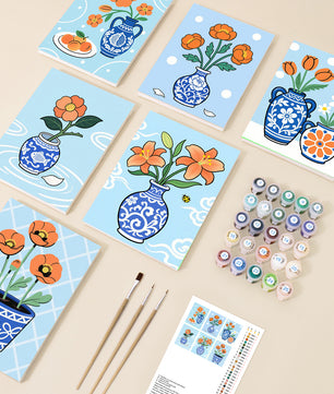 Bloom & Blue 6 pack paint by numbers kit - six blue and white floral designs on six 15x20cm canvases