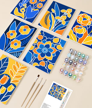 Golden Blooms 6 pack paint by numbers kit - six bold floral designs on six 15x20cm canvases
