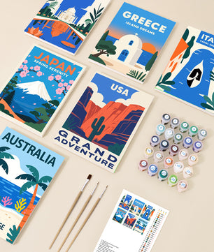 Travel Postcards 6 pack paint by numbers kit - six travel postcard designs on six 15x20cm canvases