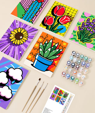 Colour Pop Plants 6 pack paint by numbers kit - six colour-pop plant designs on six 15x20cm canvases