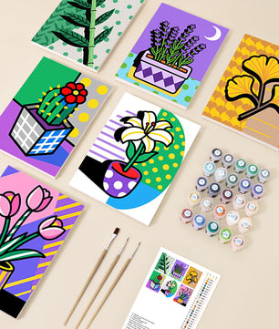 Pop Art Florals 6 pack paint by numbers kit - six pop art floral designs on six 15x20cm canvases