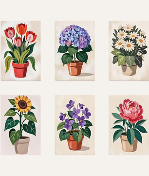 The Flower Pot Club 6 pack paint by numbers kit - six potted flower designs on six 15x20cm canvases