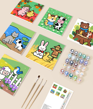 Country Cuties 6 pack paint by numbers kit - six cute countryside animal designs on six 15x15cm canvases