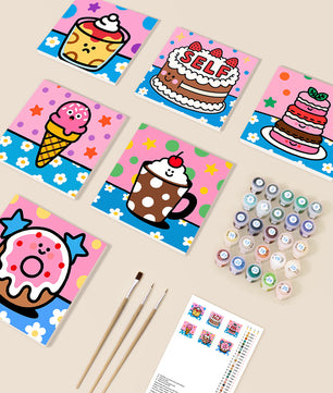 Kawaii Dessert Bar 6 pack paint by numbers kit - six kawaii dessert designs on six 15x15cm canvases