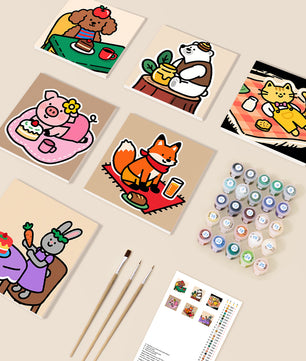 Kawaii Picnic Friends 6 pack paint by numbers kit - six kawaii picnic animal designs on six 15x15cm canvases