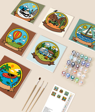 The Great Outdoors Gallery 6 pack paint by numbers kit - six travel badge and explorer designs on six 15x15cm canvases