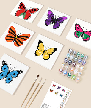Butterfly Pop Collection 6 pack paint by numbers kit - six bold butterfly wing designs on six 15x15cm canvases