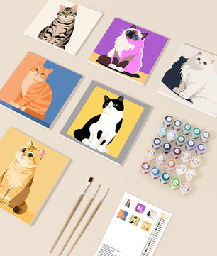 Purrfect Portraits 6 pack paint by numbers kit - six cat portrait designs on six 15x15cm canvases