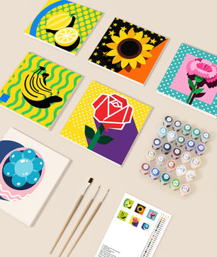 Floral Moments 6 pack paint by numbers kit - six sunflower and blossom designs on six 15x15cm canvases