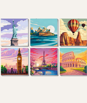 World Wonders 6 pack paint by numbers kit - six world travel designs on six 15x20cm canvases