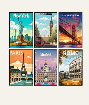 City Break 6 pack paint by numbers kit - six colourful city landmark designs on six 15x20cm canvases