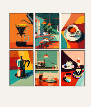 Coffee Club 6 pack paint by numbers kit - six coffee and cafe designs on six 15x20cm canvases