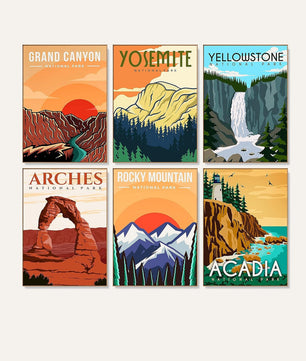 National Park Prints 6 pack paint by numbers kit - six national park print designs on six 15x20cm canvases
