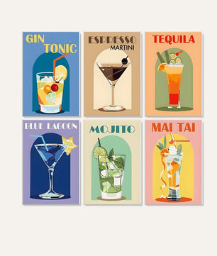 The Cocktail Poster Club 6 pack paint by numbers kit - six colourful cocktail poster designs on six 15x20cm canvases